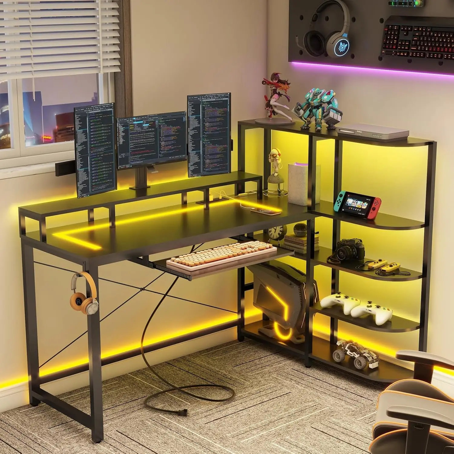 Long grey double desk setup with dual monitors