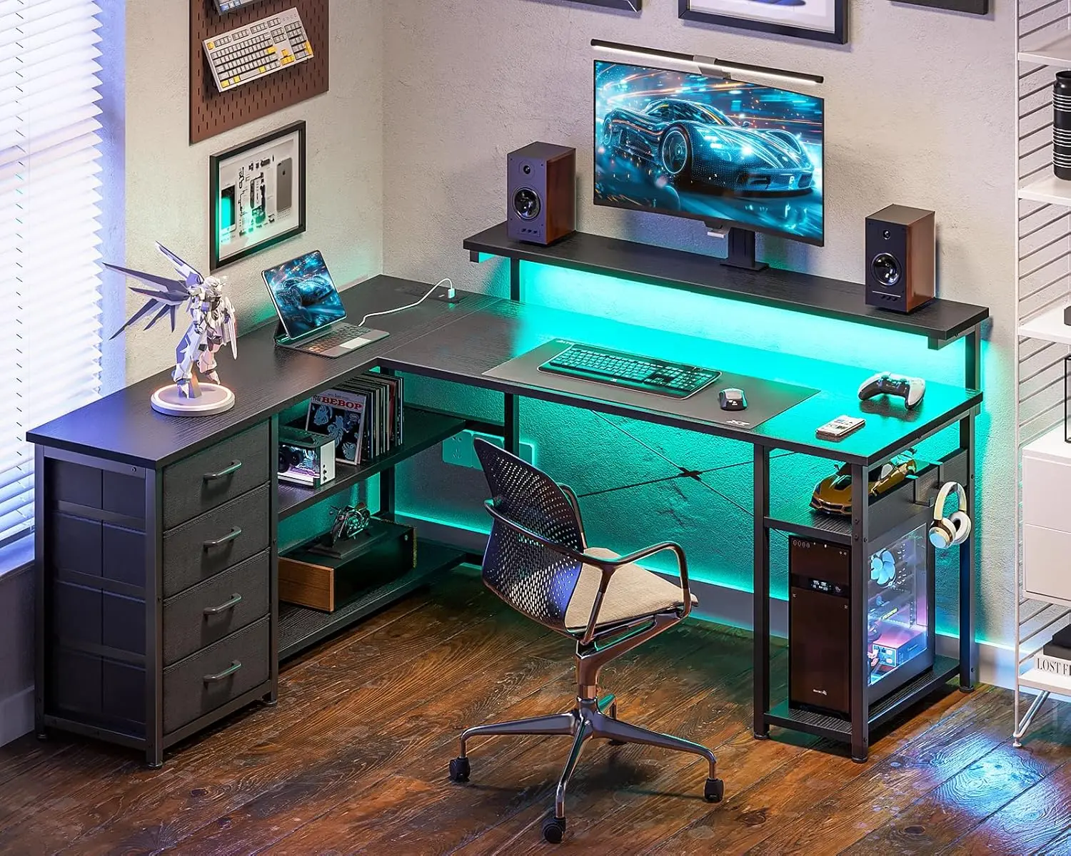 Black gaming desk with drawers and purple LED glow