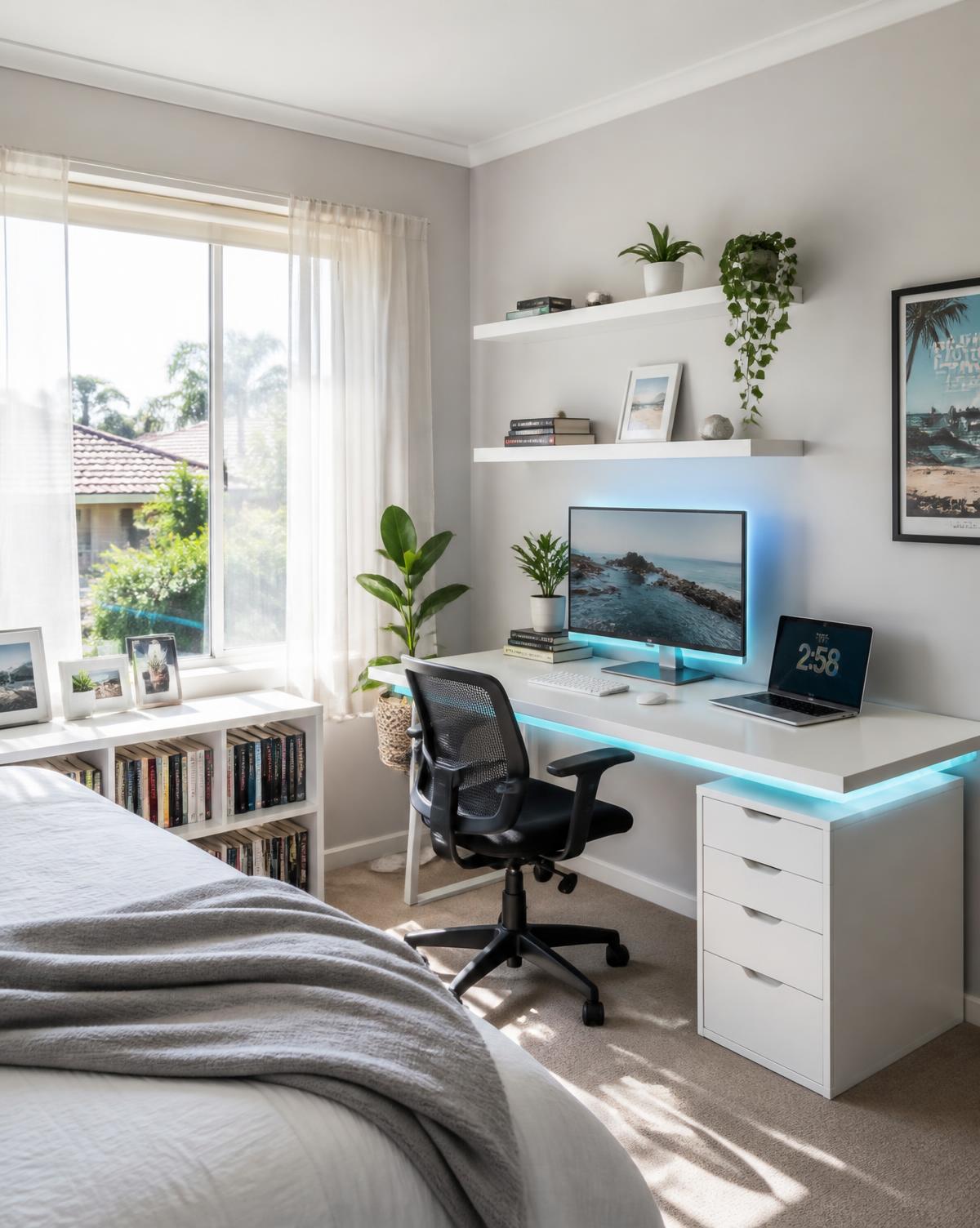 Bright teen bedroom study setup with white desk, natural daylight and subtle cyan LED underglow