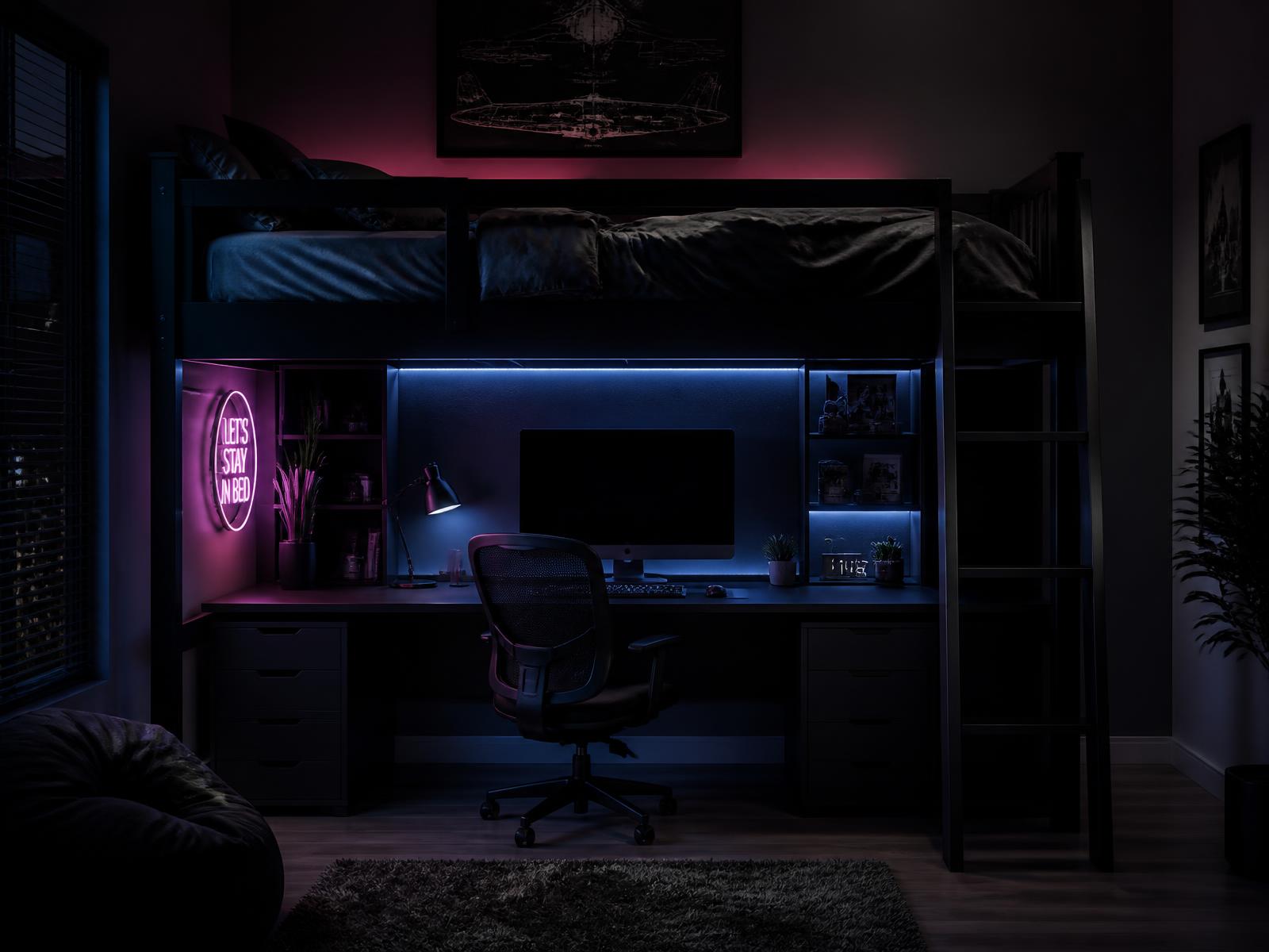Loft bed with a desk built underneath, lit by soft magenta and cyan LED glow