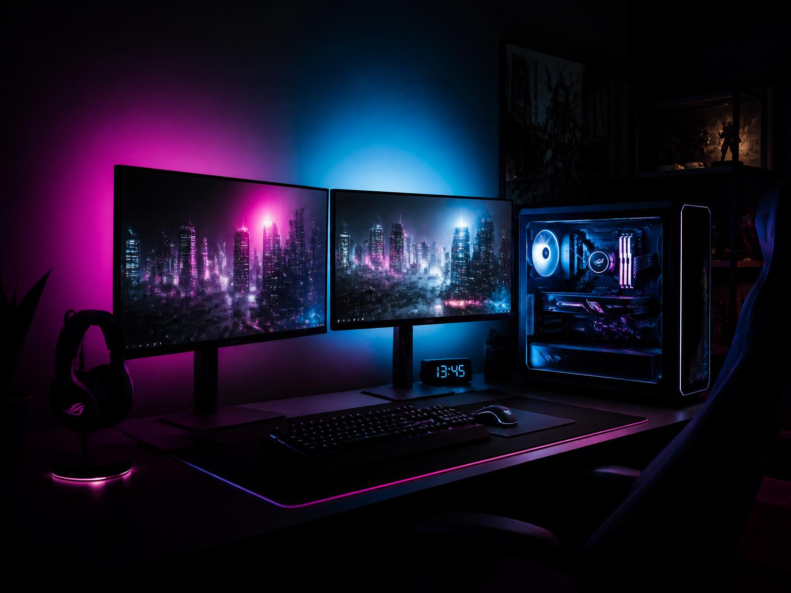 Gaming battlestation with dual monitors, magenta and cyan wall glow and an RGB PC