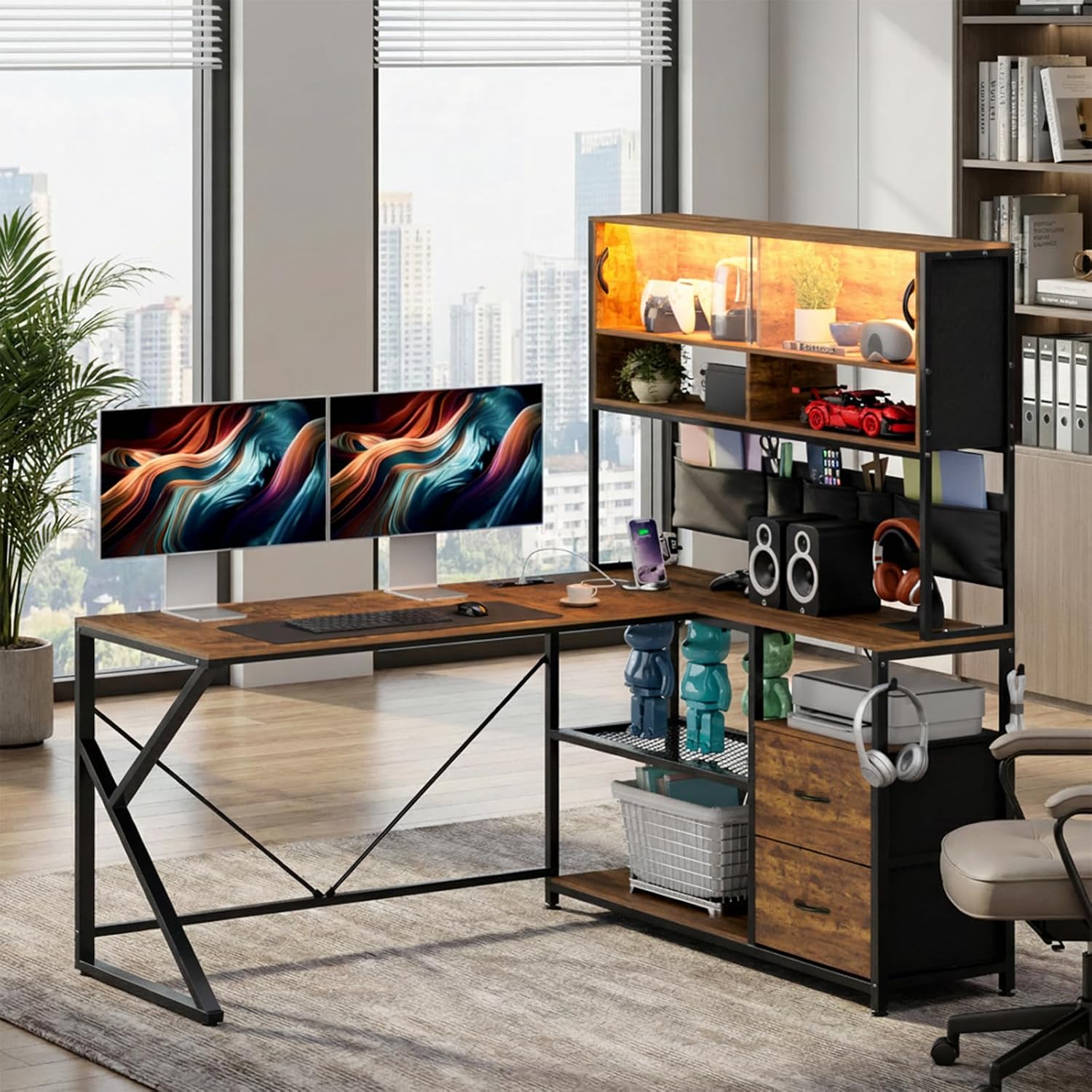 LED L-Shaped Desk with Drawers 130cm photo 3