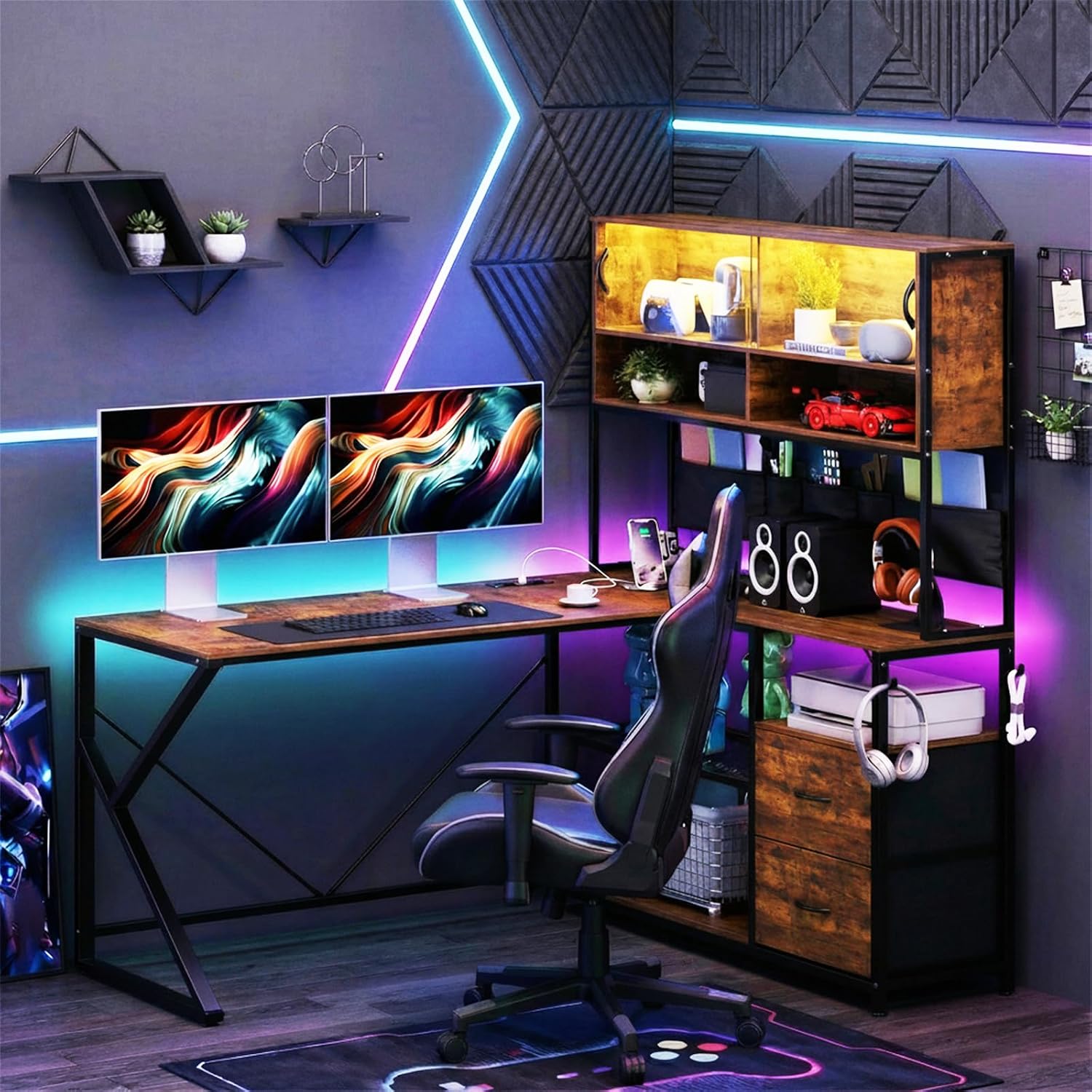 LED L-Shaped Desk with Drawers 130cm
