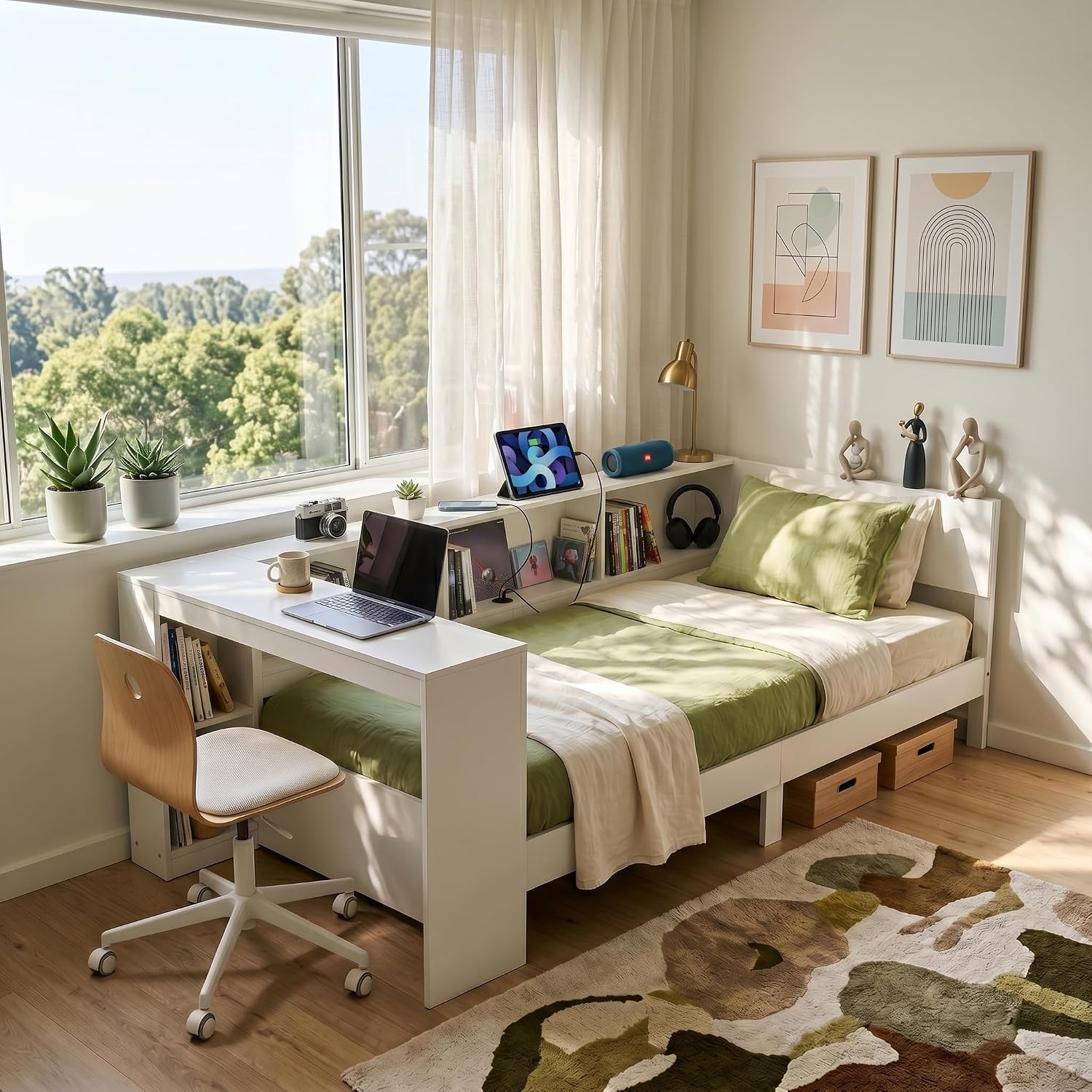 Corner Bed with Desk (White)