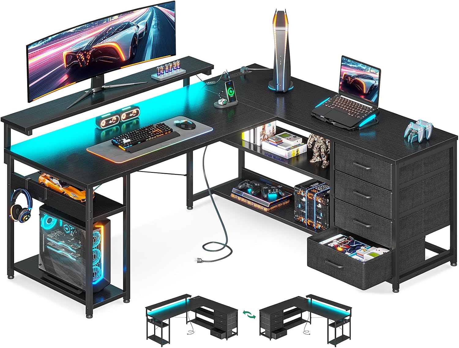 LED L-Shaped Desk with Drawers