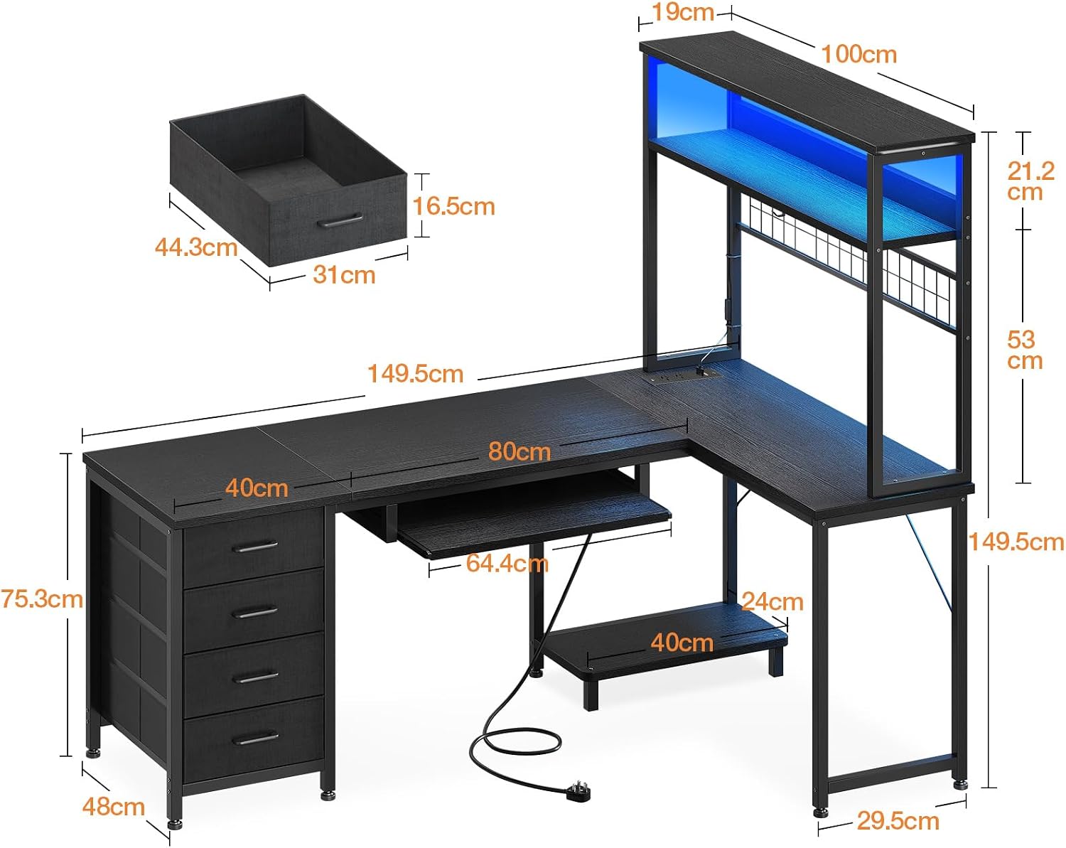 LED Desk with 4 Drawers 149cm photo 4