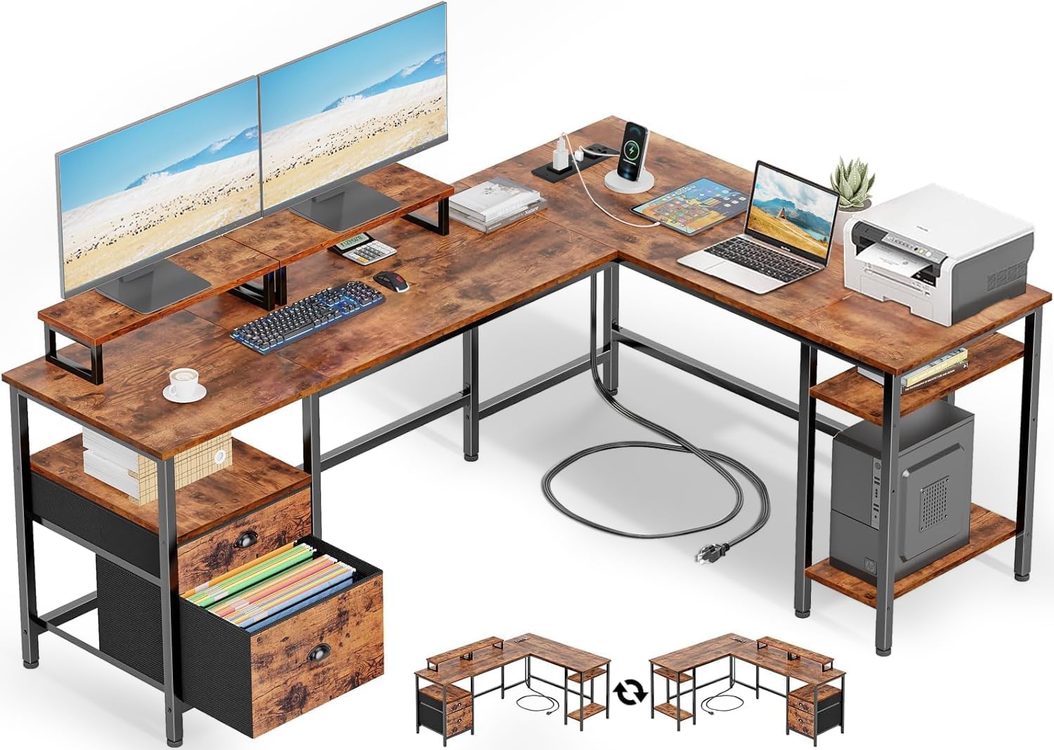 L-Shaped Desk with Outlets 168cm
